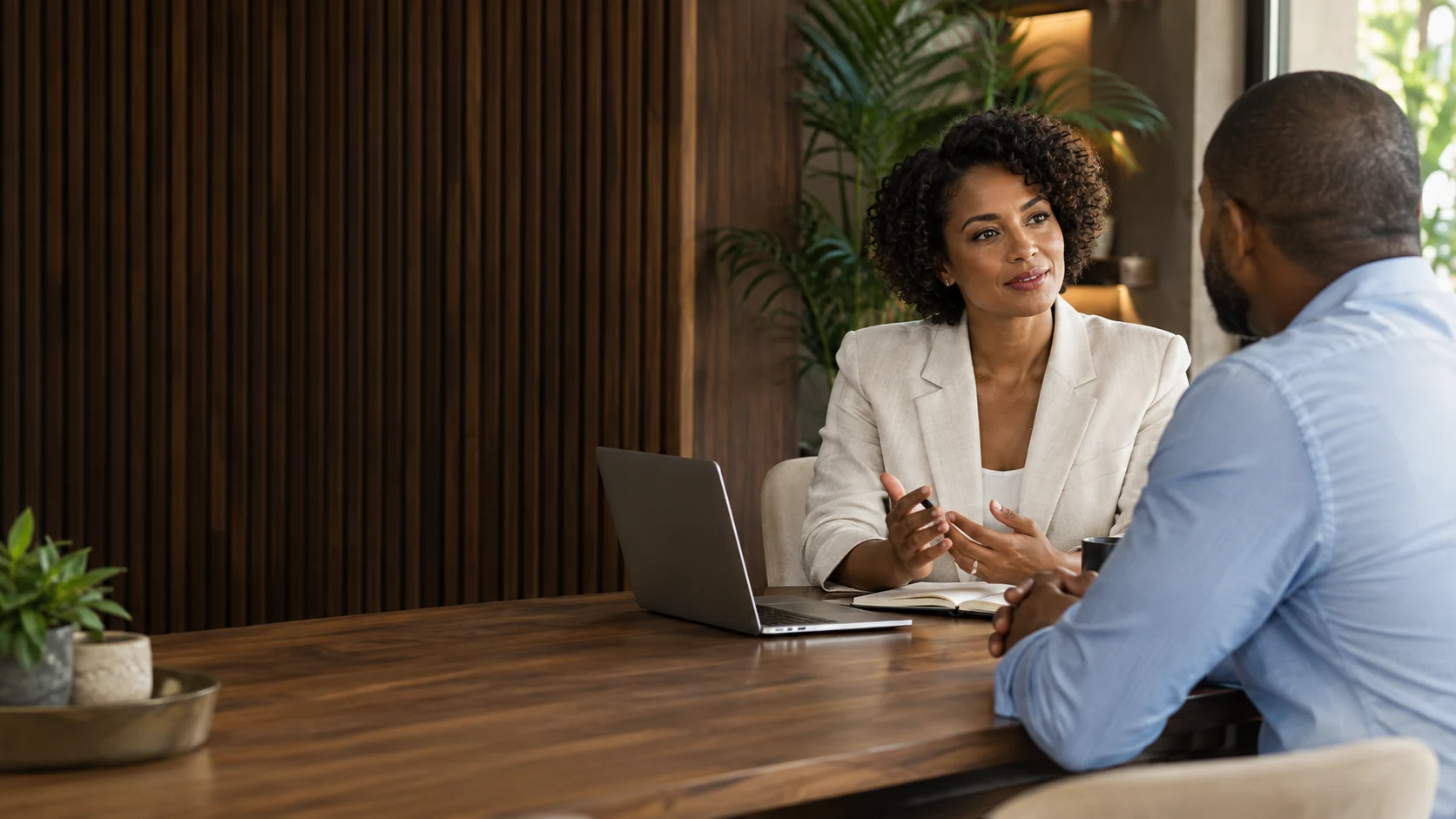 Illustrative business advisor and business owner in conversation